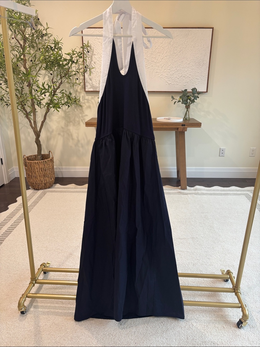 Commense Navy Halter Maxi Dress with White Neck Tie